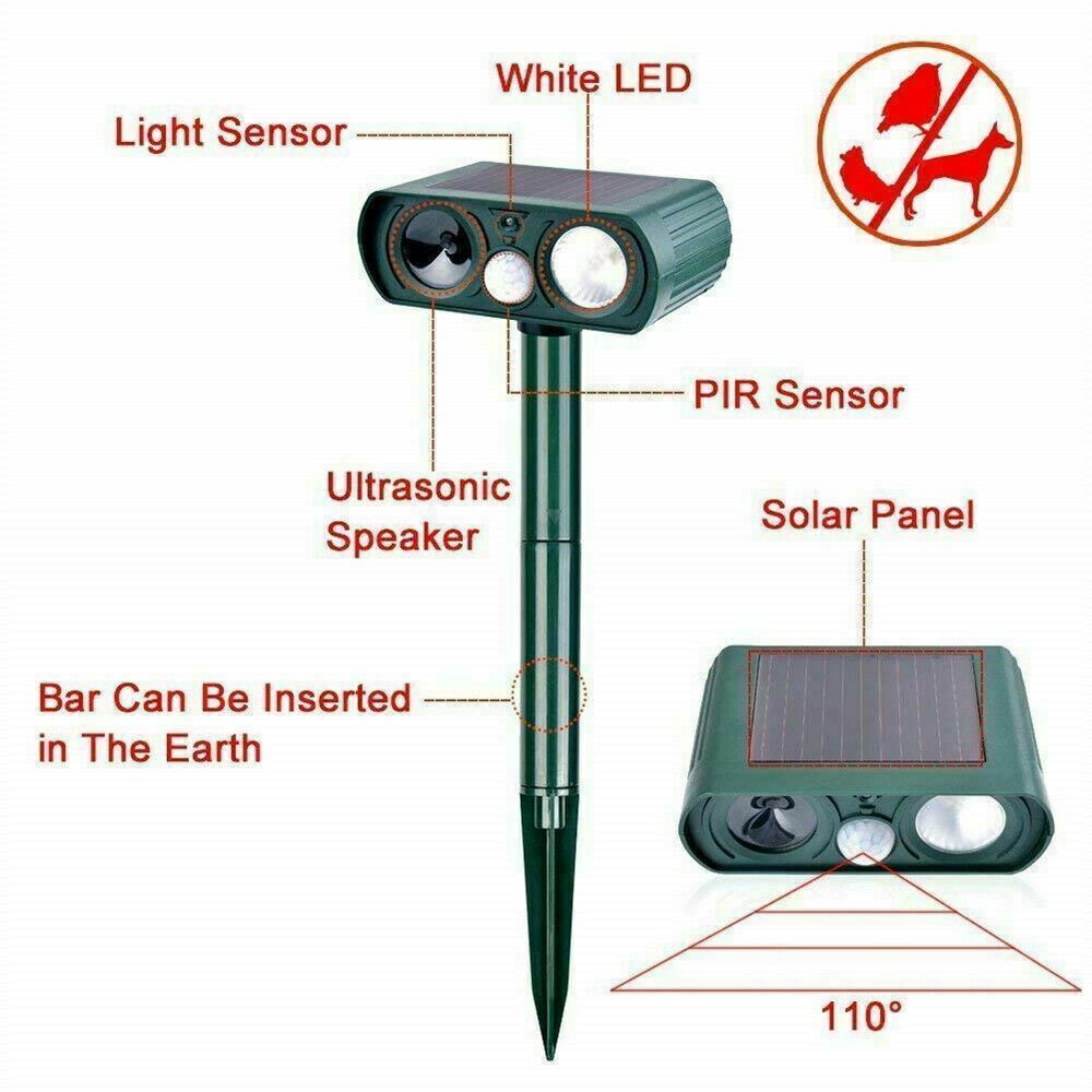 1/2PK Animal Repeller Ultrasonic Solar Power Outdoor Pest Cat Mice Sensor PIR US