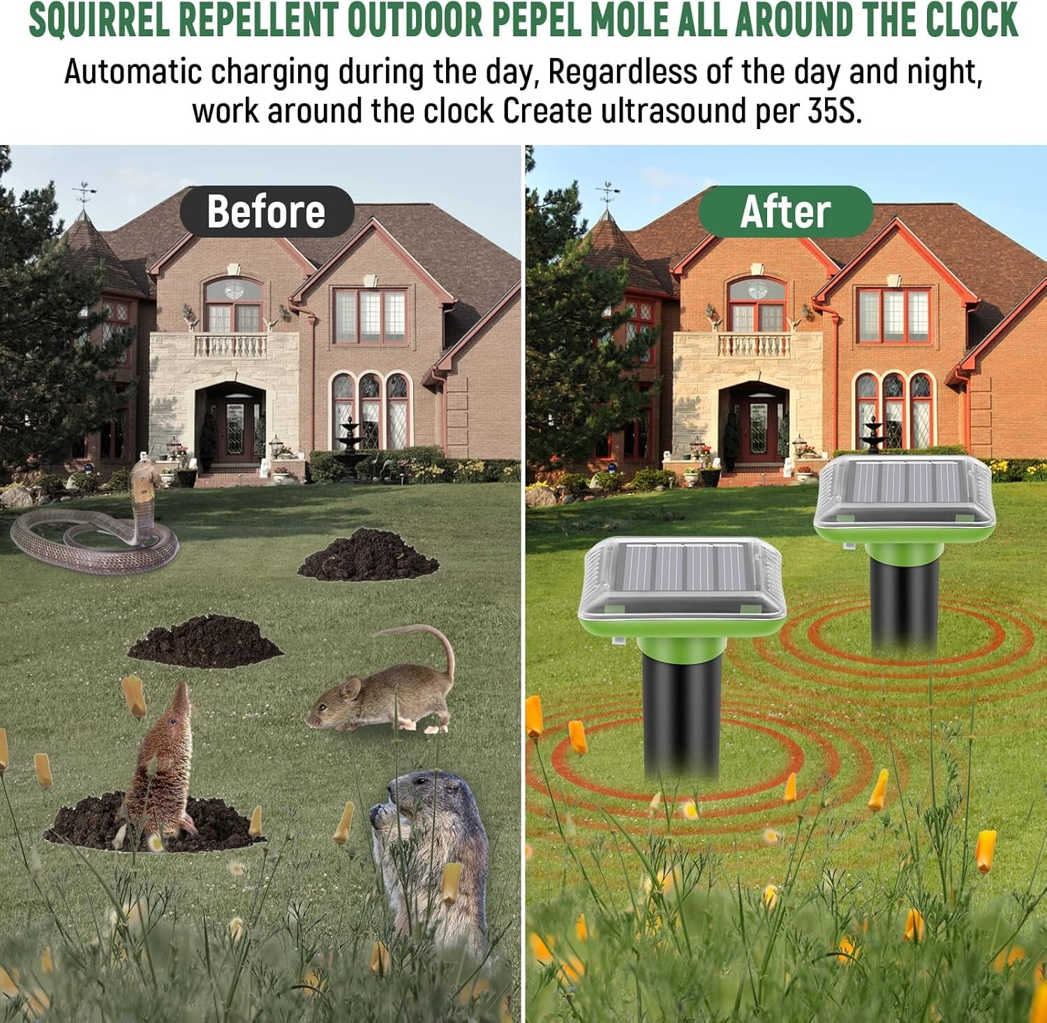 4 PCs Solar Power Ultrasonic Repellent Mice Gopher Mole Snake Squirrel Repeller