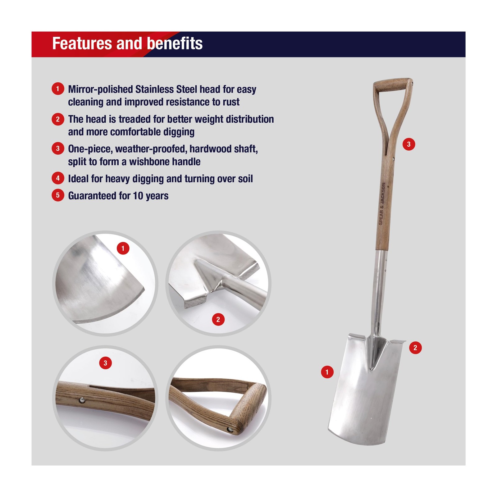 Spear & Jackson Digging Spade, Traditional Stainless Range Garden Tool, Treaded