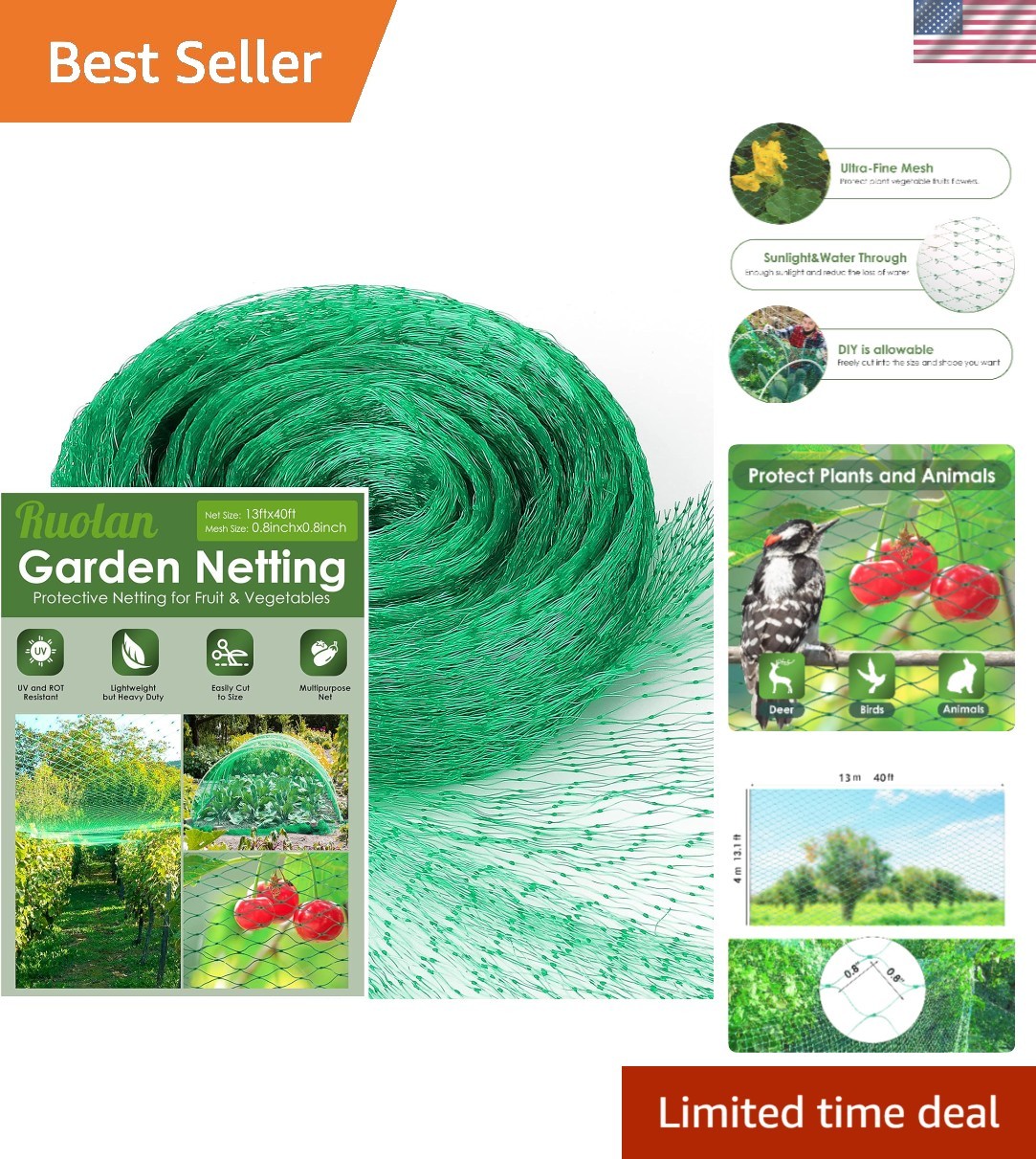 Durable 13X40 Ft Polypropylene Garden Netting – Protects Fruits & Vegetables