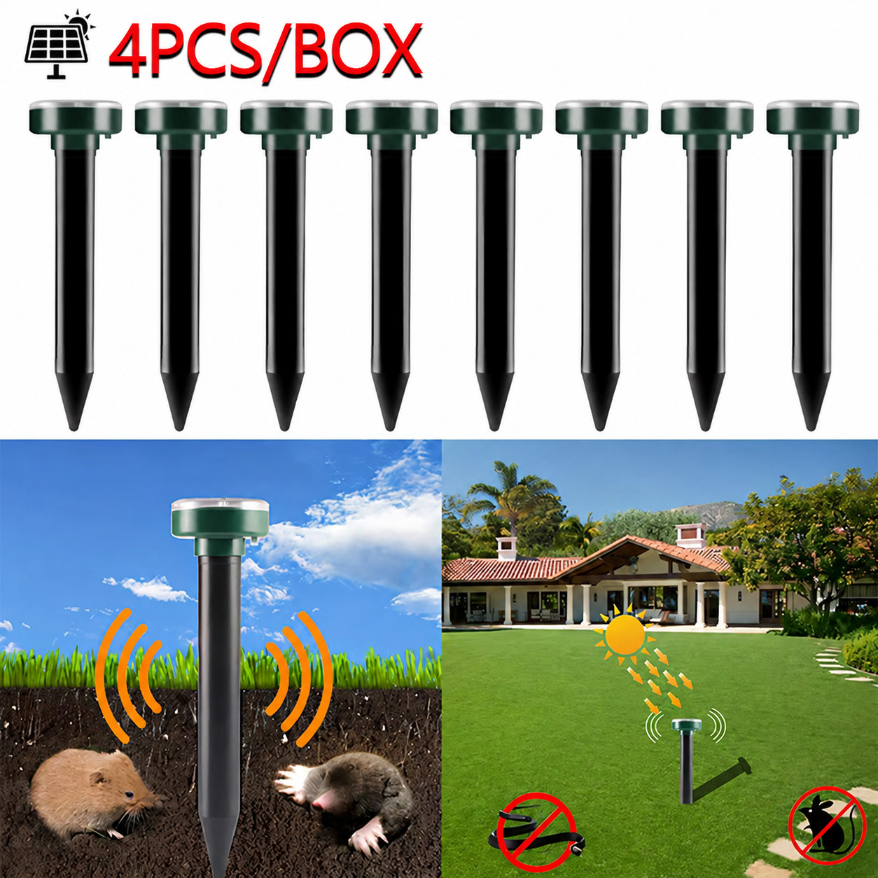 4 PCS Solar Power Ultrasonic Repellent Mice Gopher Mole Snake Squirrel Repeller