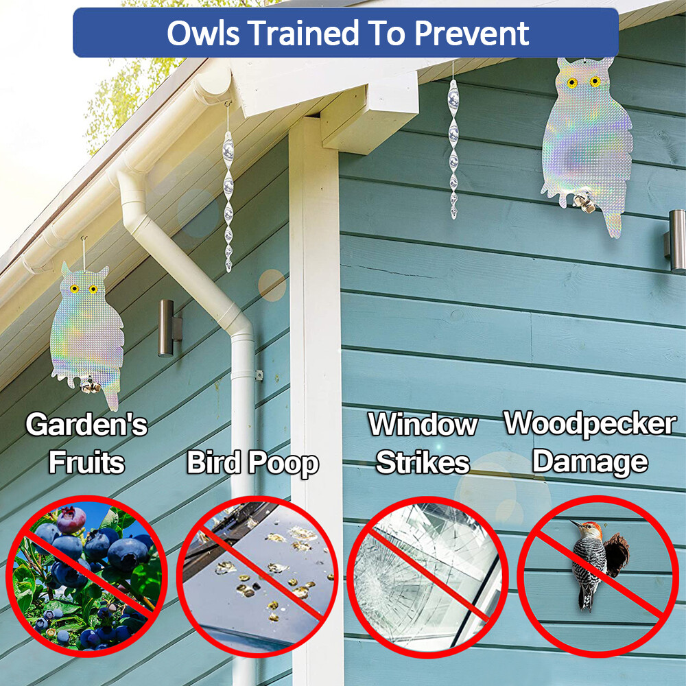 2PCS Owl Decoy Bird Repellent Hanging Holographic Reflective Scare Pigeons Away