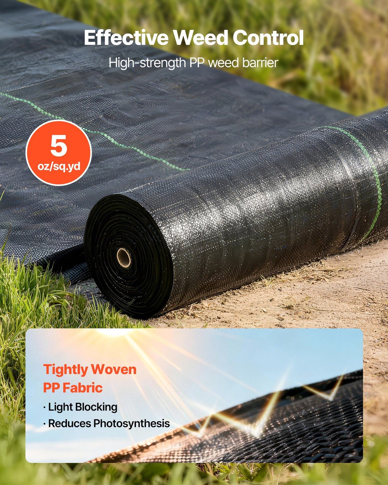 Heavy-Duty 3x100ft Weed Barrier Fabric, 5oz Woven Polypropylene Black Mat