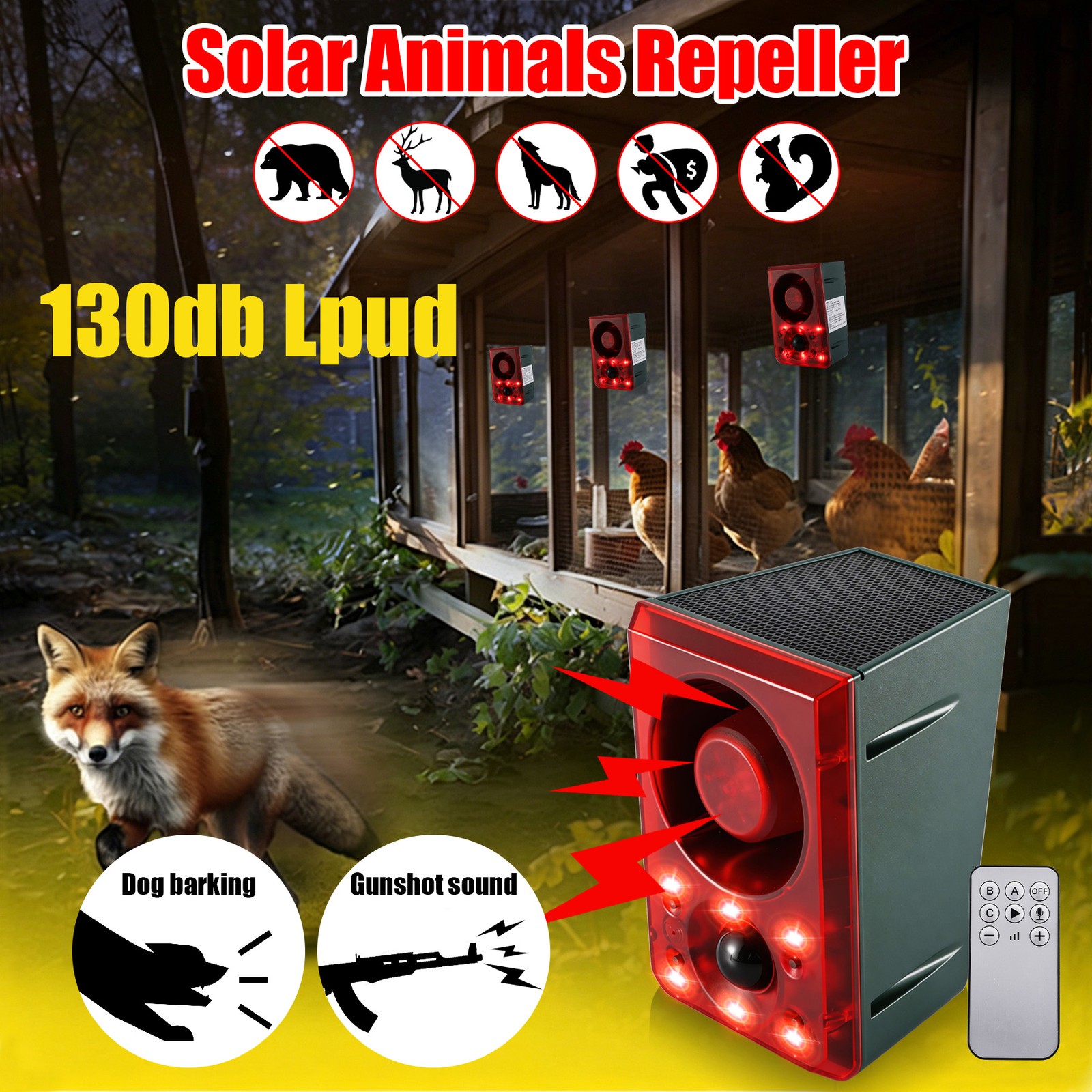 Solar Outdoor Motion Sensor Alarm 130dB Dog Barking & Gunshot Sound Strobe Light