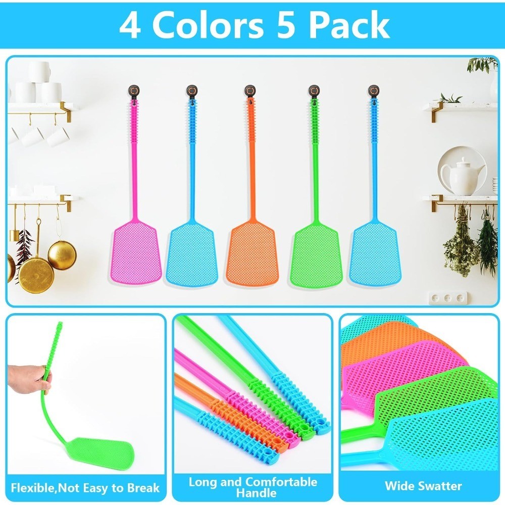 Fly Swatter,5 Pack Plastic Heavy Duty Manual Fly Killer, Long Handle Flyswatter,