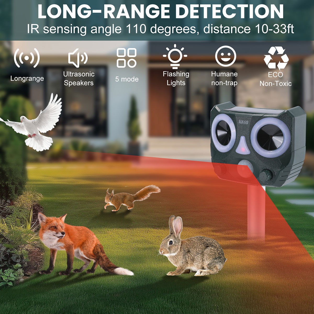 Repelente solar ultrasónico para animales para perros, gatos, pájaros y mapaches