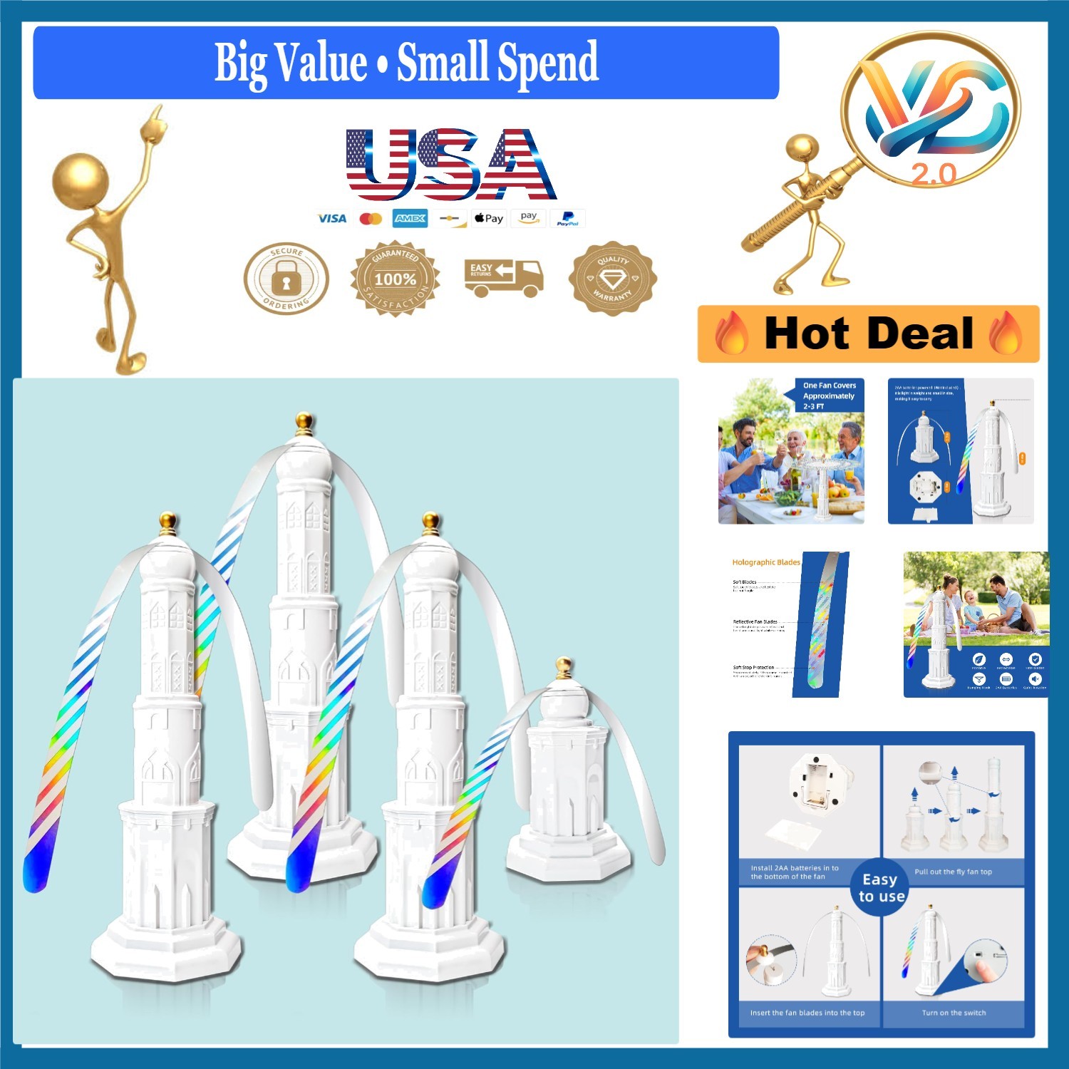 Modern Palace-Shaped Fly Fans 4-Pack Portable Repellent Spinner White