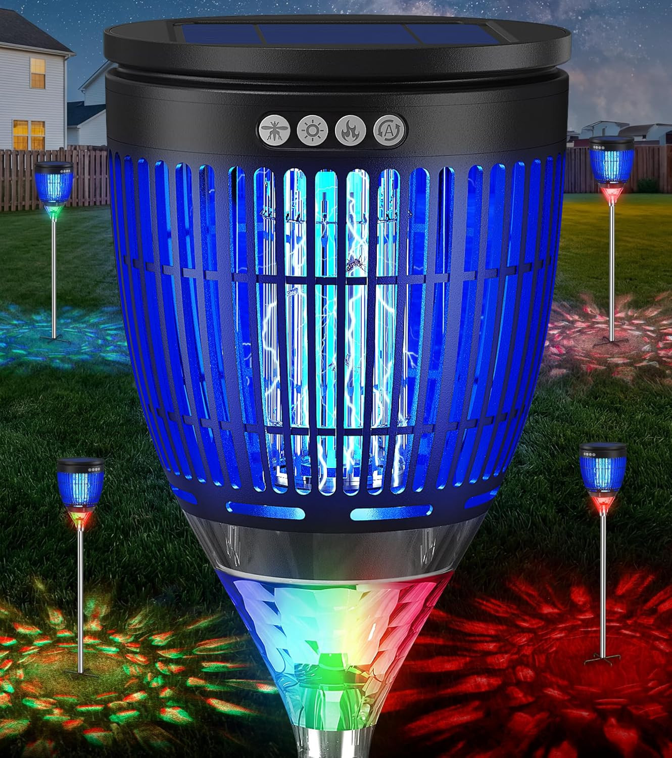 All in 1 Solar Bug Zapper Outdoor, Flame & Projection Mode, Auto/Manual Modes, 4