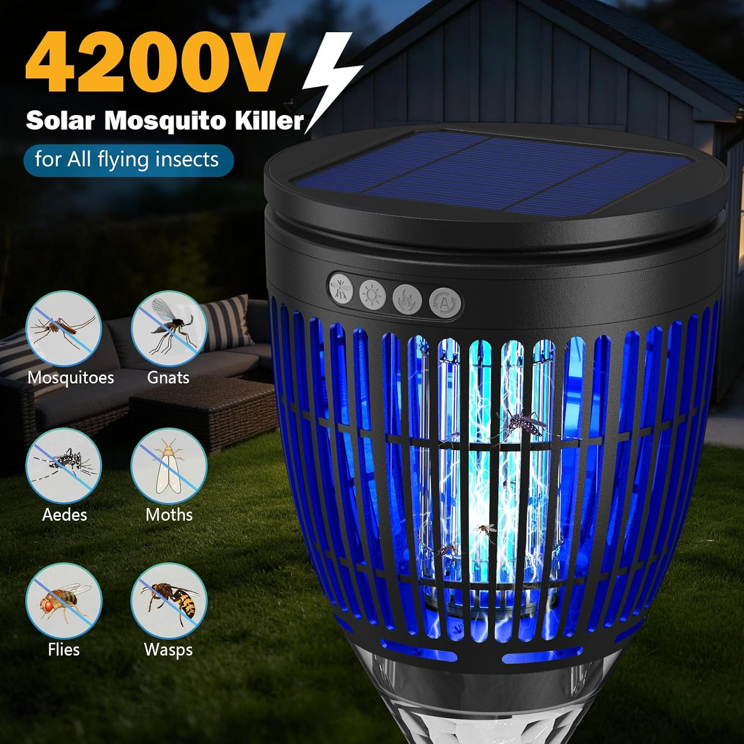 All in 1 Solar Bug Zapper Outdoor, Flame & Projection Mode, Auto/Manual Modes, 4