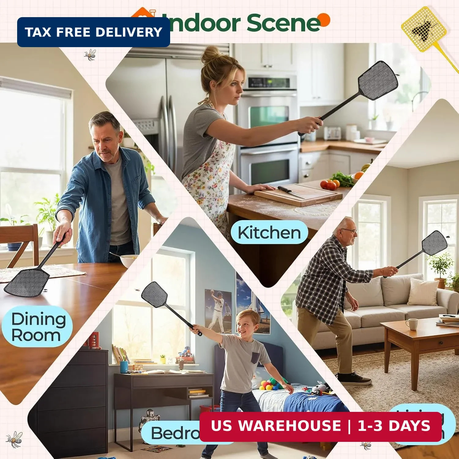 Fly Swatter 4 Pack, Large Swat Head, Flexible Handle for Indoor & Outdoor