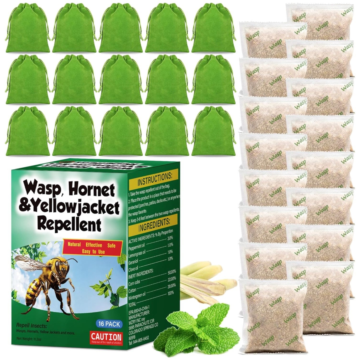 16 Pack Natural Wasp and Bee Repellent Pouch Outdoor, Peppermint Oil Carpenter B