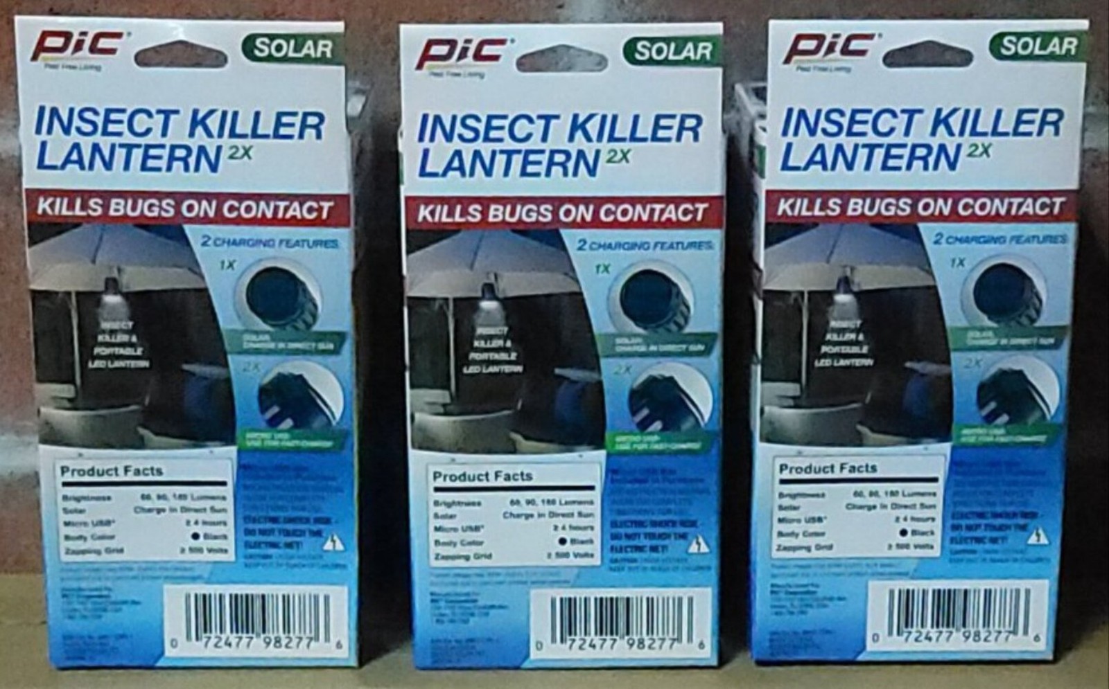 PIC Solar LED Light Lantern Lot of 3x Mosquito Bug Zapper Camping USB Rechargeab