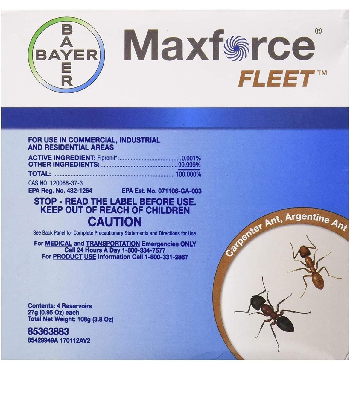 Bayer Maxforce Fleet Ant Bait Gel 4 Reservoirs 108g Fipronil Carpenter Ants