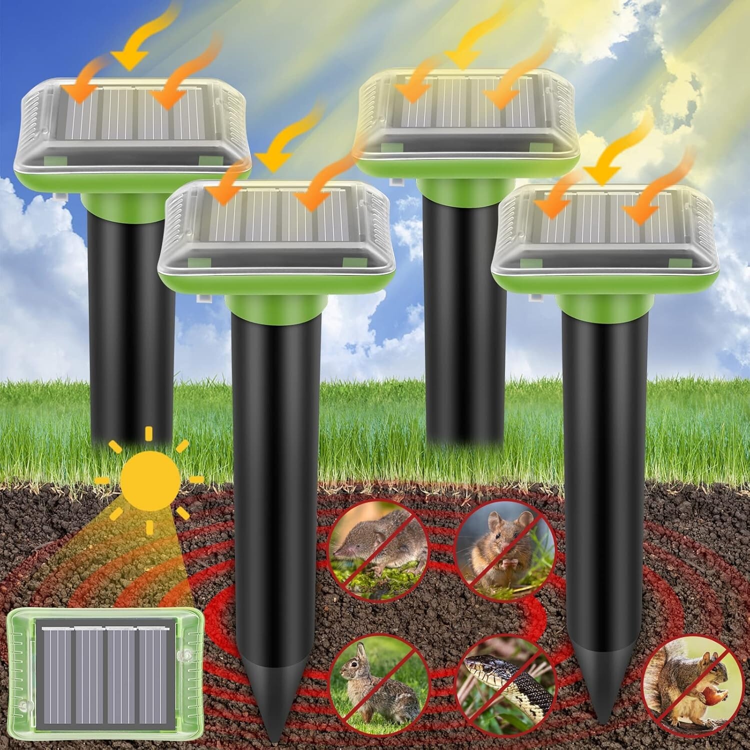 4 PCs Solar Power Ultrasonic Repellent Mice Gopher Mole Snake Squirrel Repeller