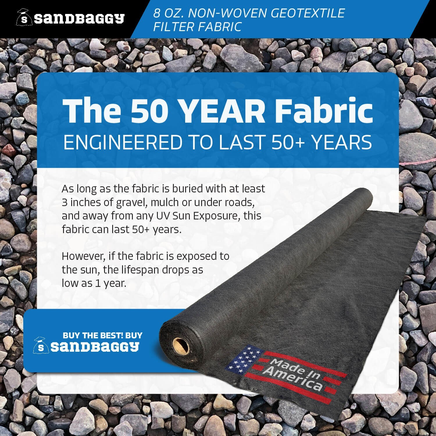 Sandbaggy Non Woven 8 oz Geotextile Landscape Fabric | 50 YEAR* | MADE IN USA