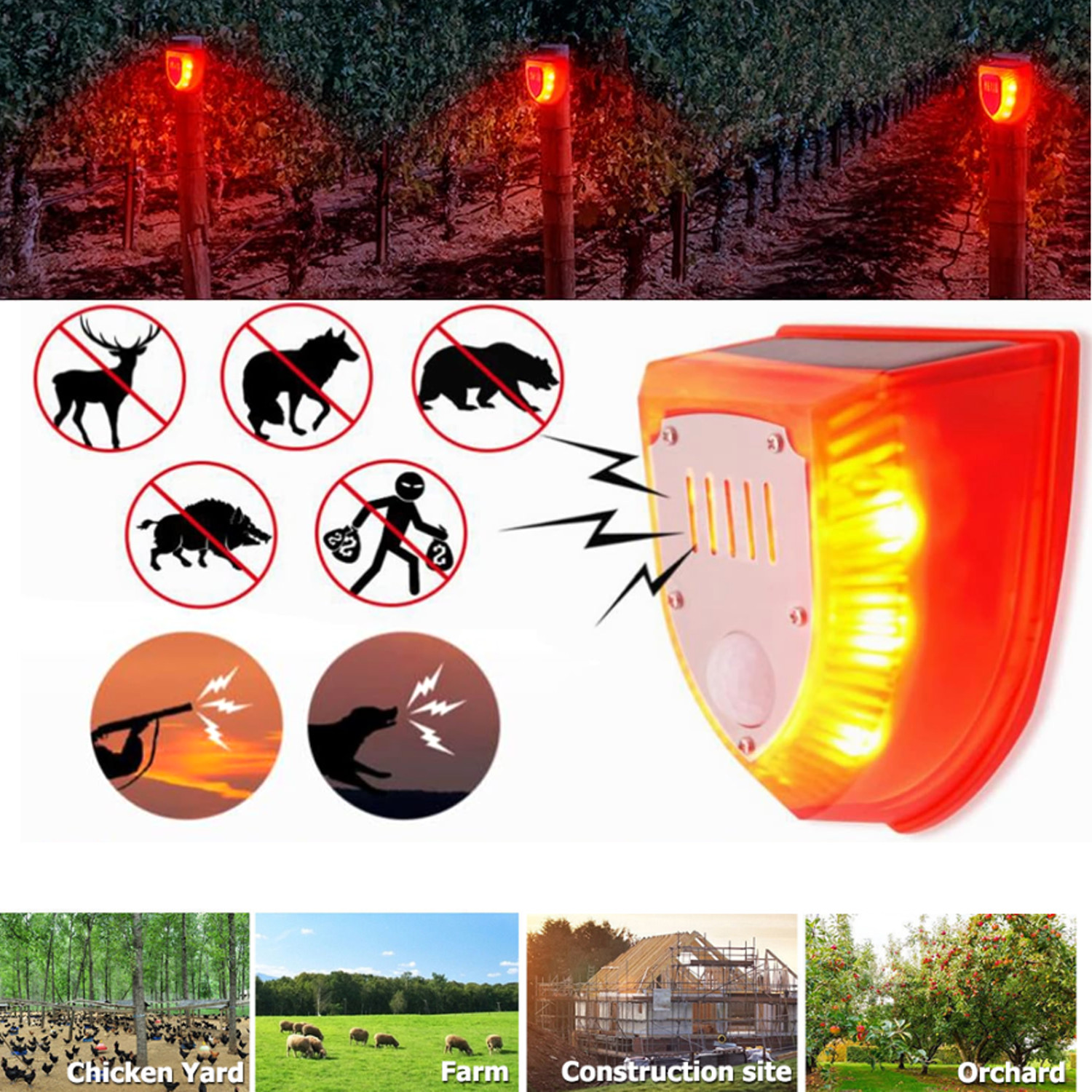 3 Modes Solar Motion Sensor Alarm Light Outdoor Dog Barking Gunshot Sound 129db