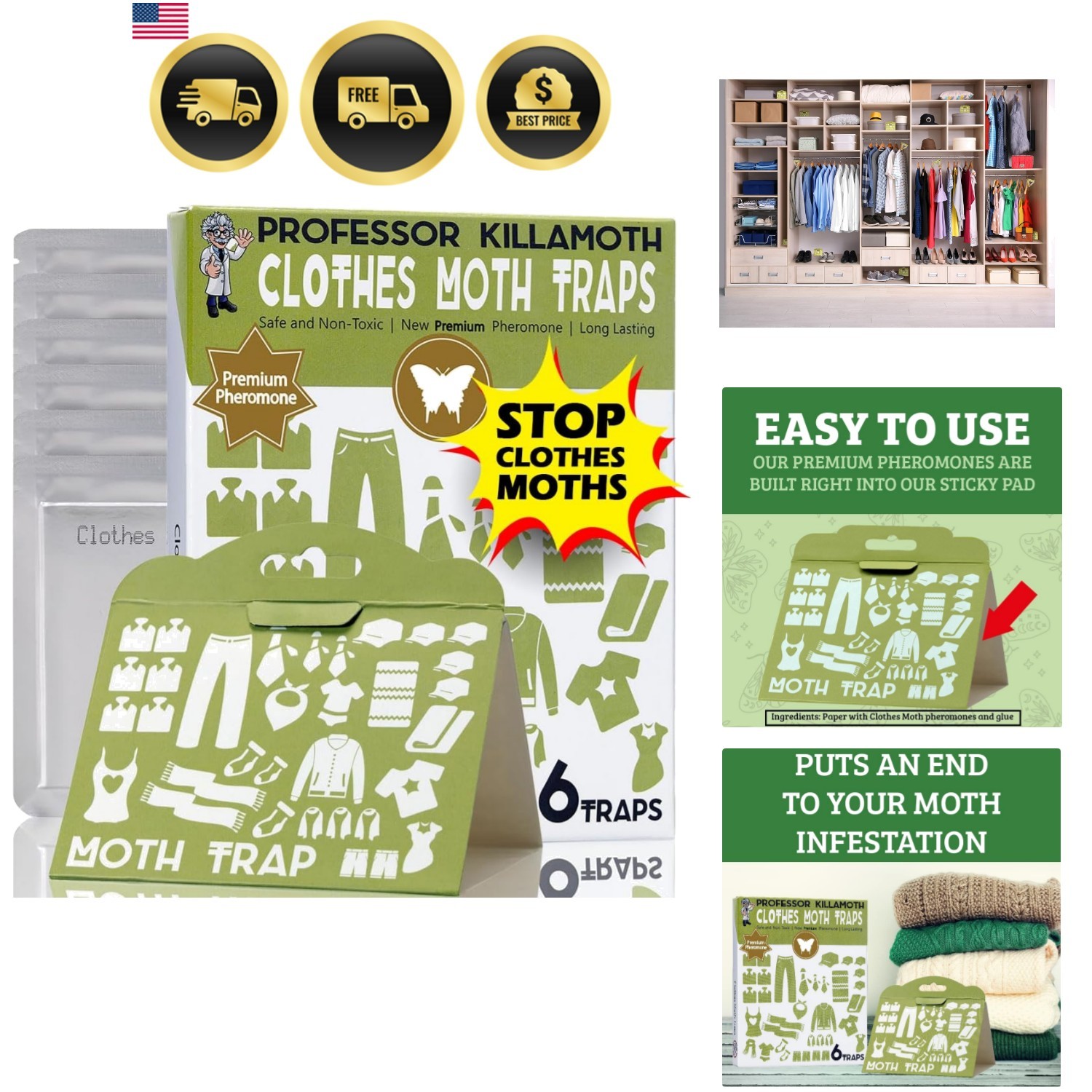 Clothes Moth Traps Natural Non-Toxic Household Wardrobe Protection 6 Pack