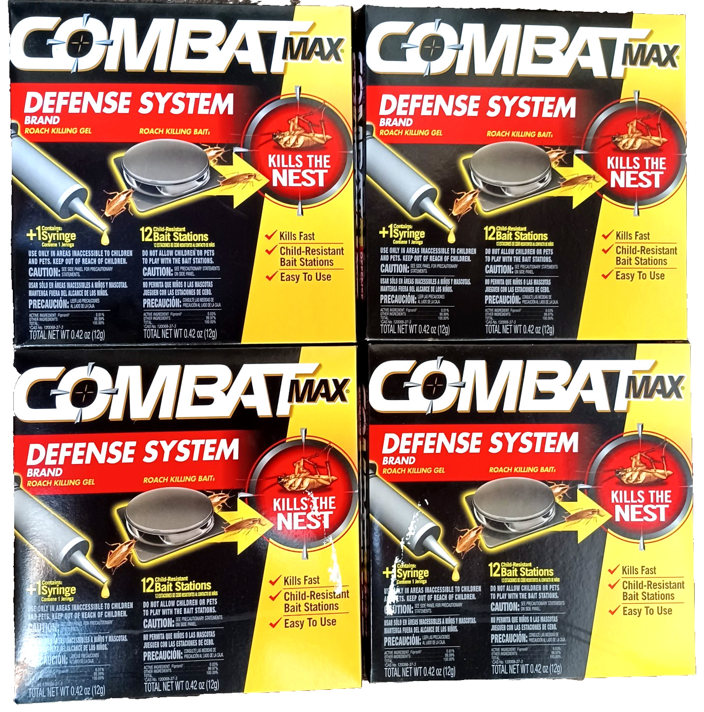 4 PACK Combat Max Defense System Roach Killing Bait & Gel 48 Stations Total