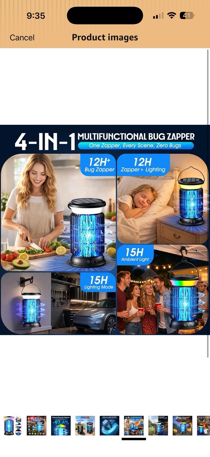 Solar + USB Bug Zapper Lantern, Waterproof, Indoor/Outdoor, Black