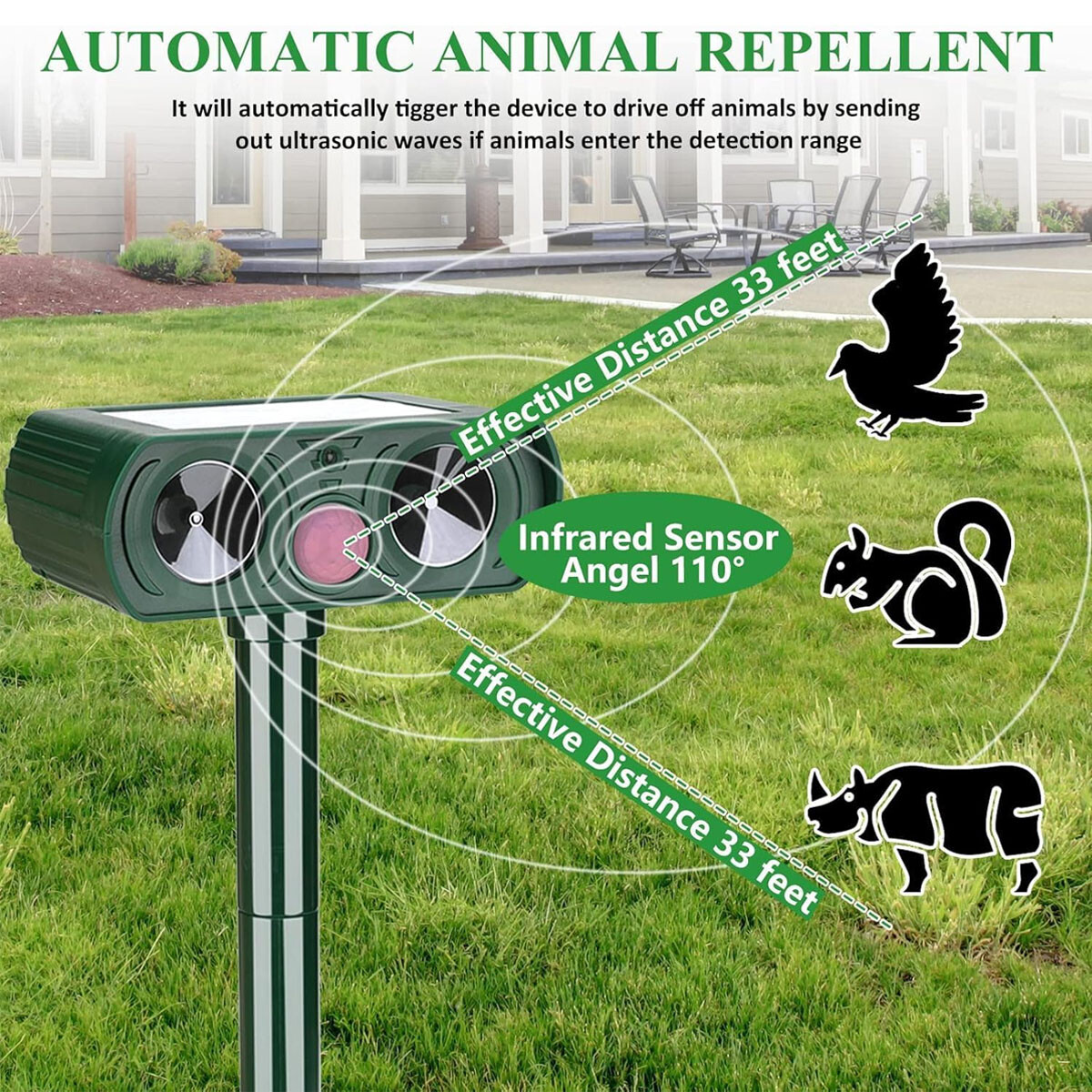 Outdoor Solar Animal Repeller Ultrasonic Pest Repellent for Dogs, Cats Squirrels