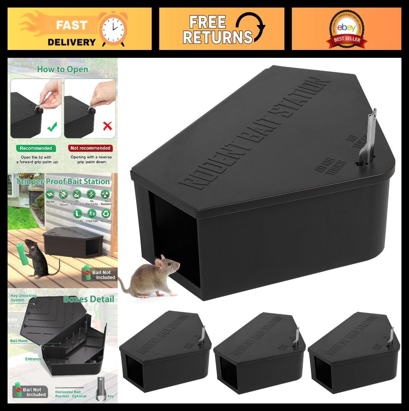 4 Pack Rodent Control Station Box with Keys – Safe for Kids & Pets, Reusable, In