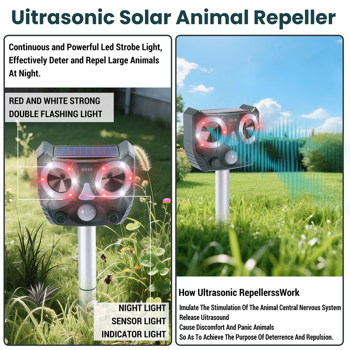 Repelente solar ultrasónico para animales para perros, gatos, pájaros y mapaches