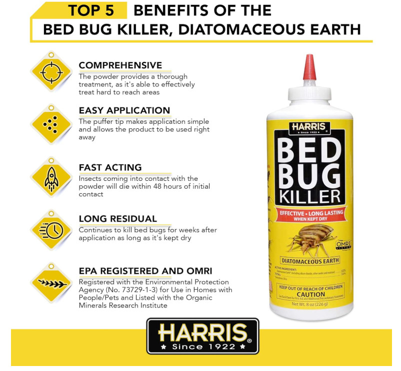 Harris HDE-8 Bed Bug Powder Diatomaceous Earth, 8oz, Yellow Pack of 5