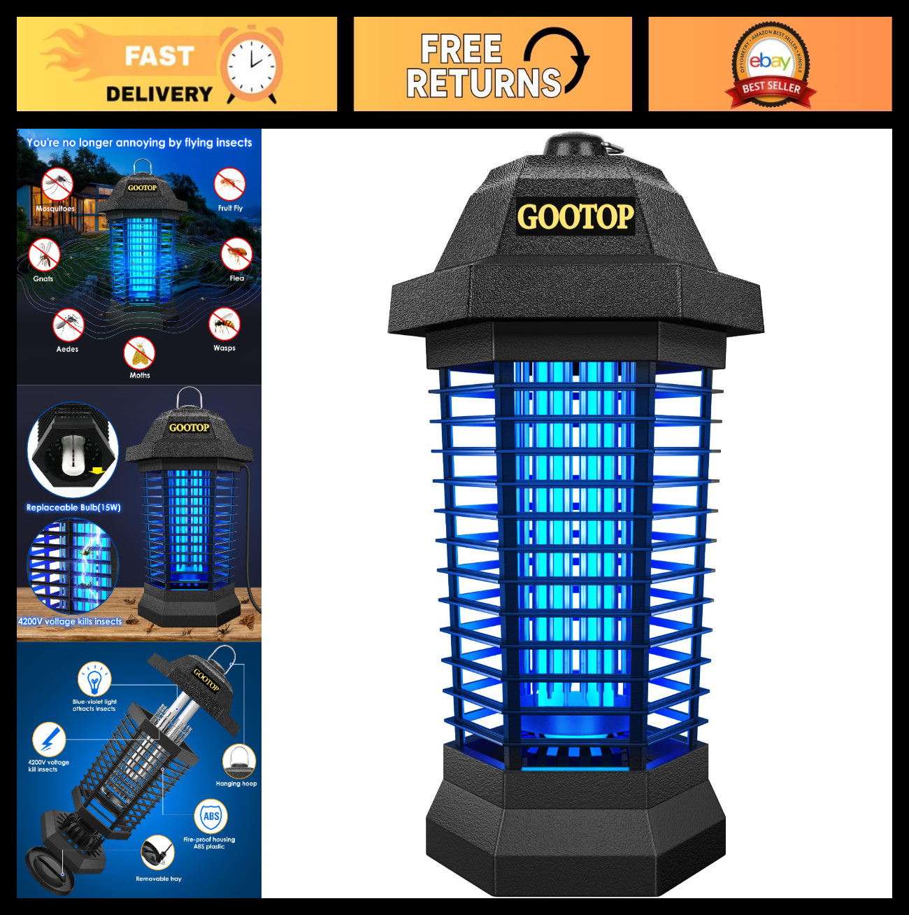 Electric Bug Zapper 4200V – Outdoor Mosquito Killer & Fly Trap, Indoor/Outdoor I