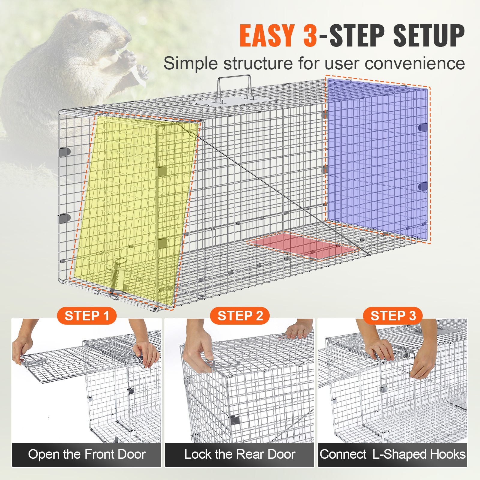 VEVOR Live Animal Cage Trap 42″ x 16″ x 18″ Humane Cat Trap Cats Squirrels Mouse
