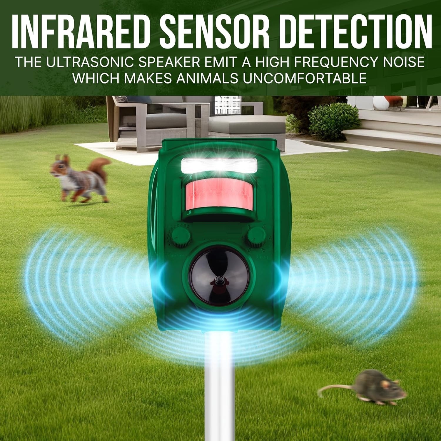 Solar Power Ultrasonic Animal Repeller Waterproof Pest Deterrent for Outdoor Use