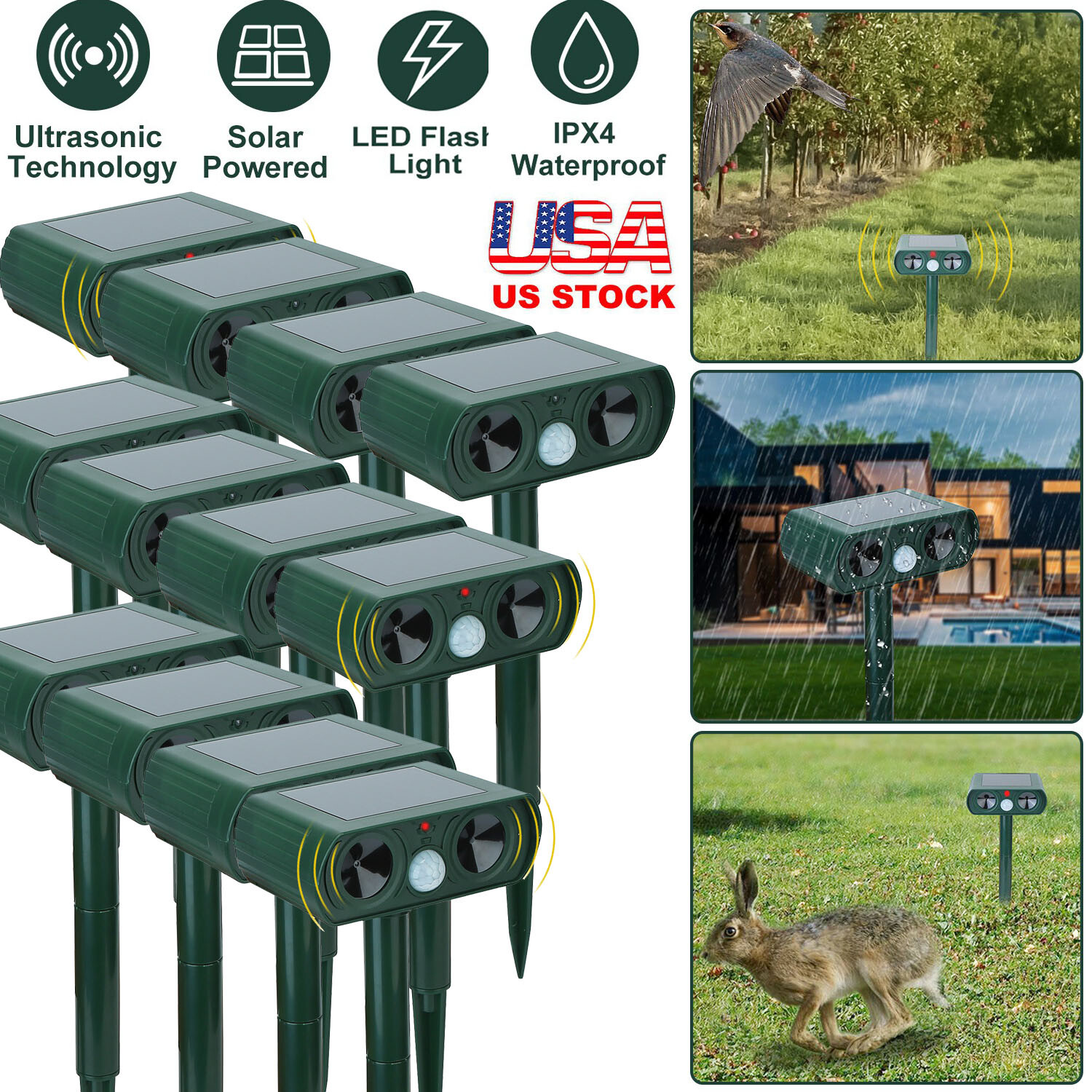 Animal Repeller Ultrasonic Solar Power Outdoor Pest Cat Mice Deer Garden Sensor