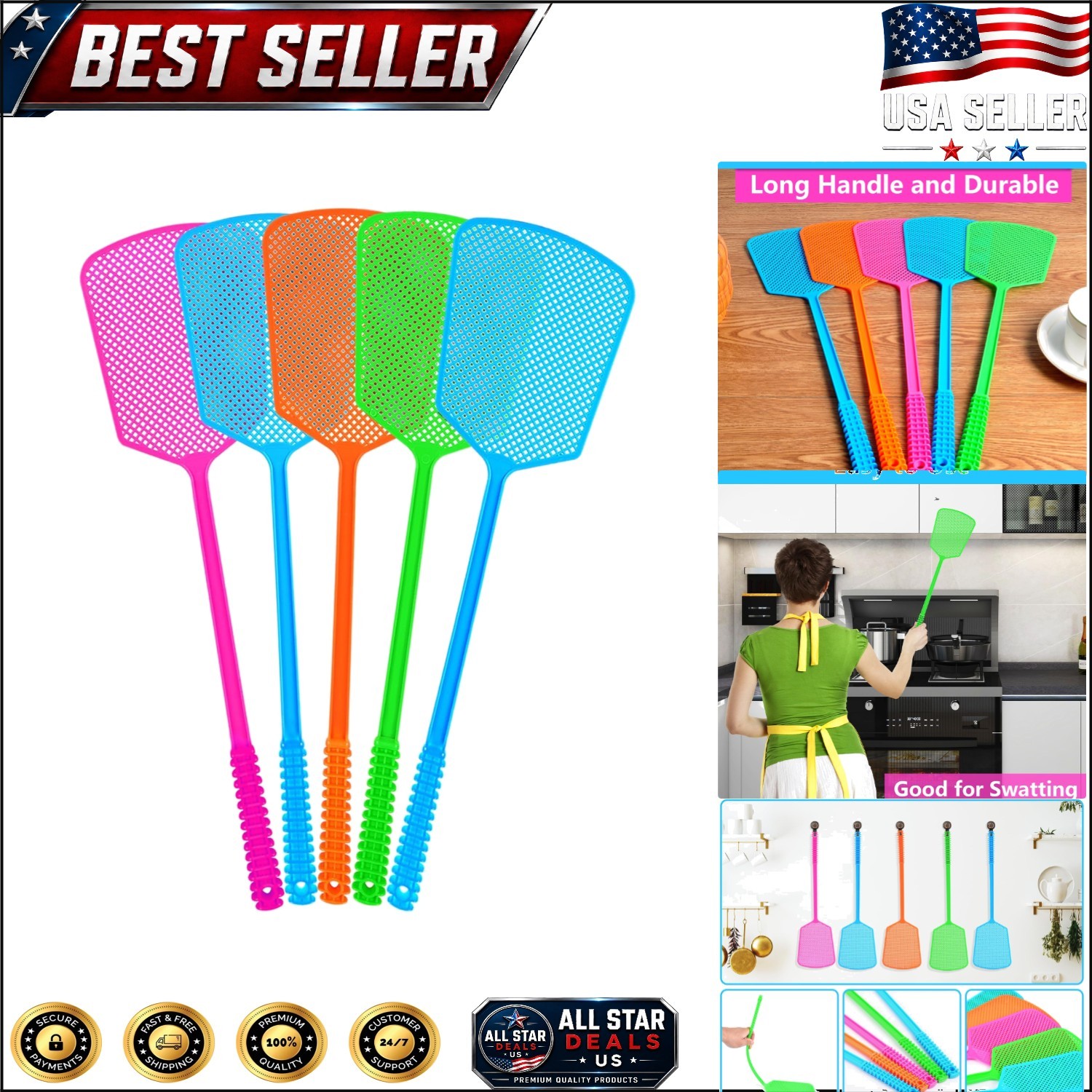 5 Pack Heavy Duty Plastic Fly Swatter with Long Handle – Eco-Friendly and Safe