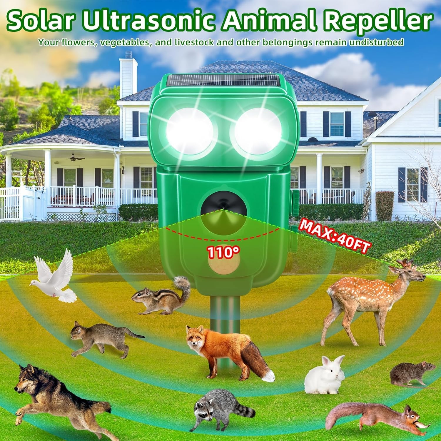 Upgraded Solar Ultrasonic Animal Repellent Dog Cat Skunk Deer Raccoon For Garden