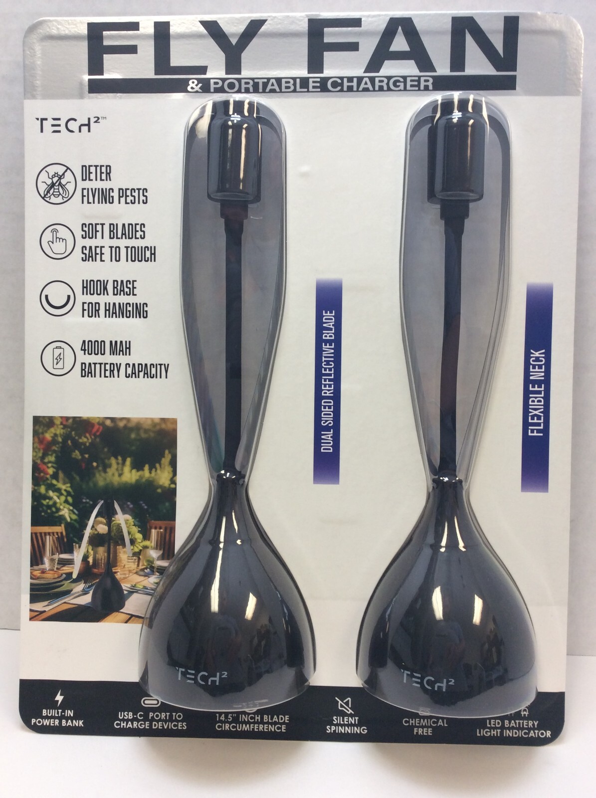 Tech2 Fly Fan & Portable Charger, Soft Blades, Silent Spin, Twin Pack, SEALED