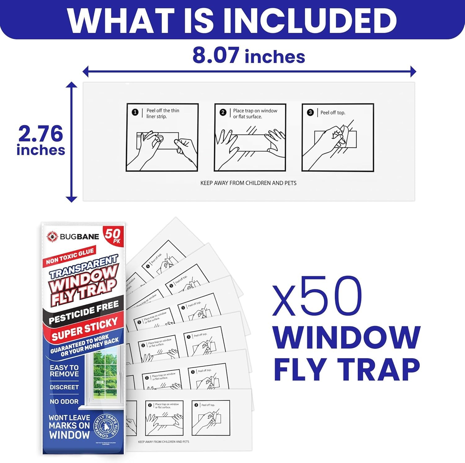50 Pack Window Fly Traps Sticky Non-toxic Clear Fly Paper Indoor for Home&office