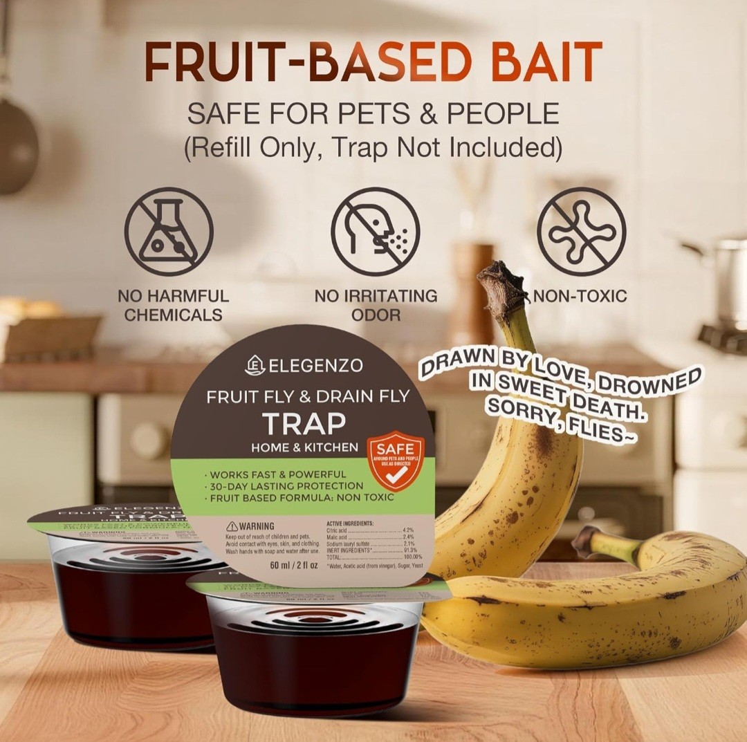 Elegenzo Fruit Fly Traps, Indoors, Drain Fly, Reusable Trap With 2 Bait Refills