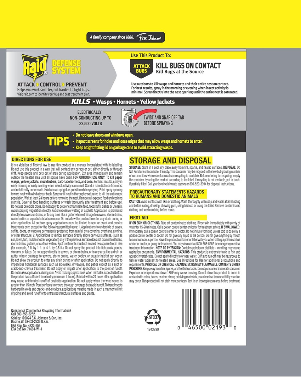 Raid Wasp & Hornet Killer Spray, Kills the Entire Nest, For Paper Wasps, Yellow