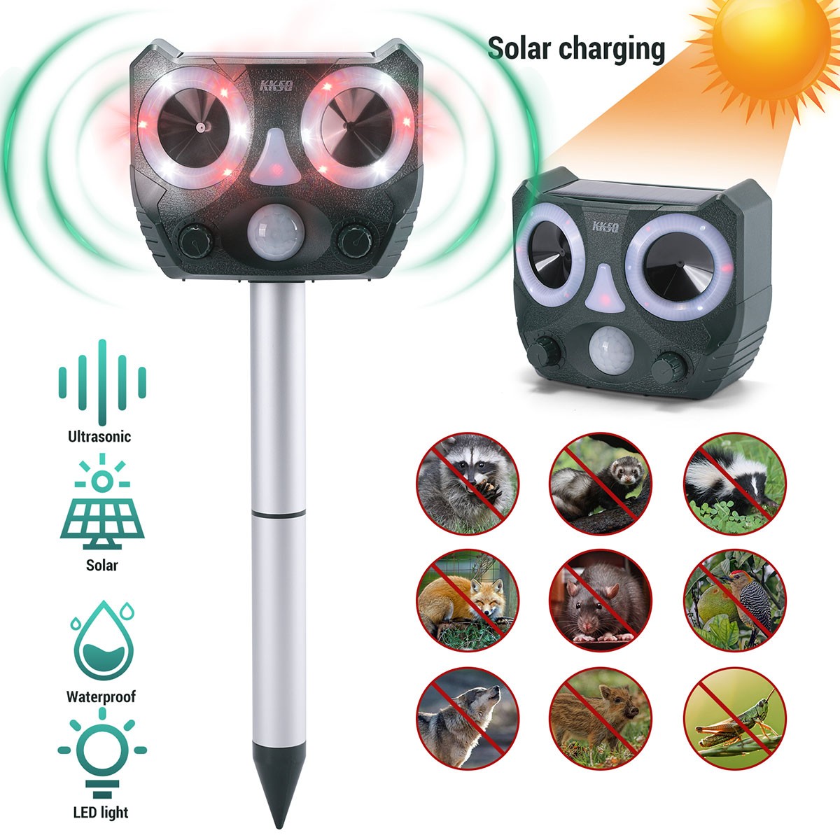 Repelente solar ultrasónico para animales para perros, gatos, pájaros y mapaches