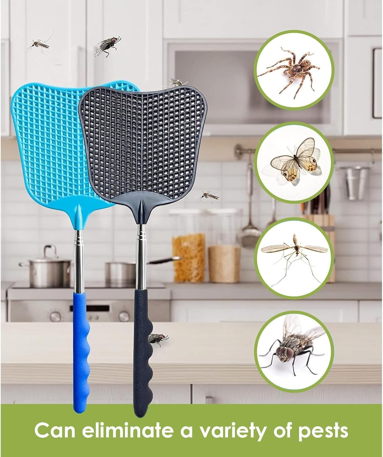 Heavy Duty Fly Swatter Set 2Pcs Blue Telescopic Stainless Steel Handles Indoor