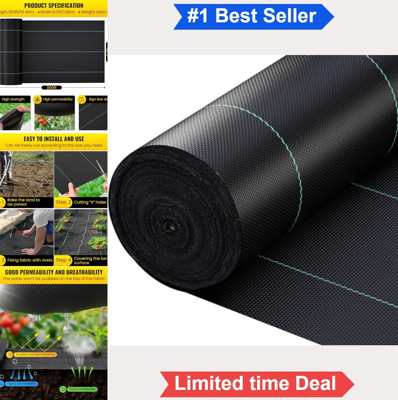 Driveway Fabric 6.5x300ft Heavy Duty Landscape Weed Barrier 3.5oz French Drain
