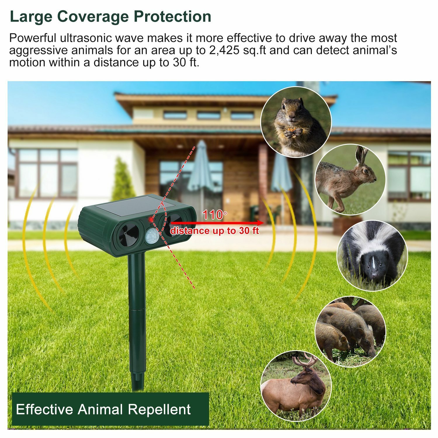 Solar Ultrasonic Animal Repeller Pest Repellent Garden Cat Dog Raccoon Repellent