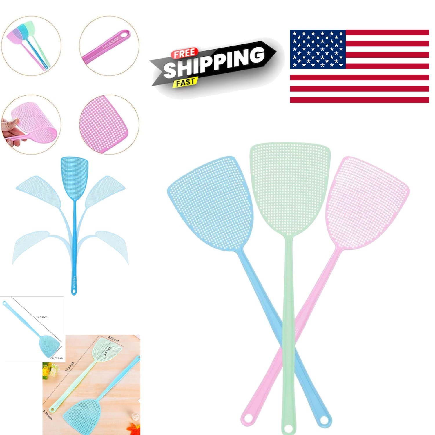 Fly Swatter Set of Three Assorted Colors Lightweight Plastic Manual Pest Control
