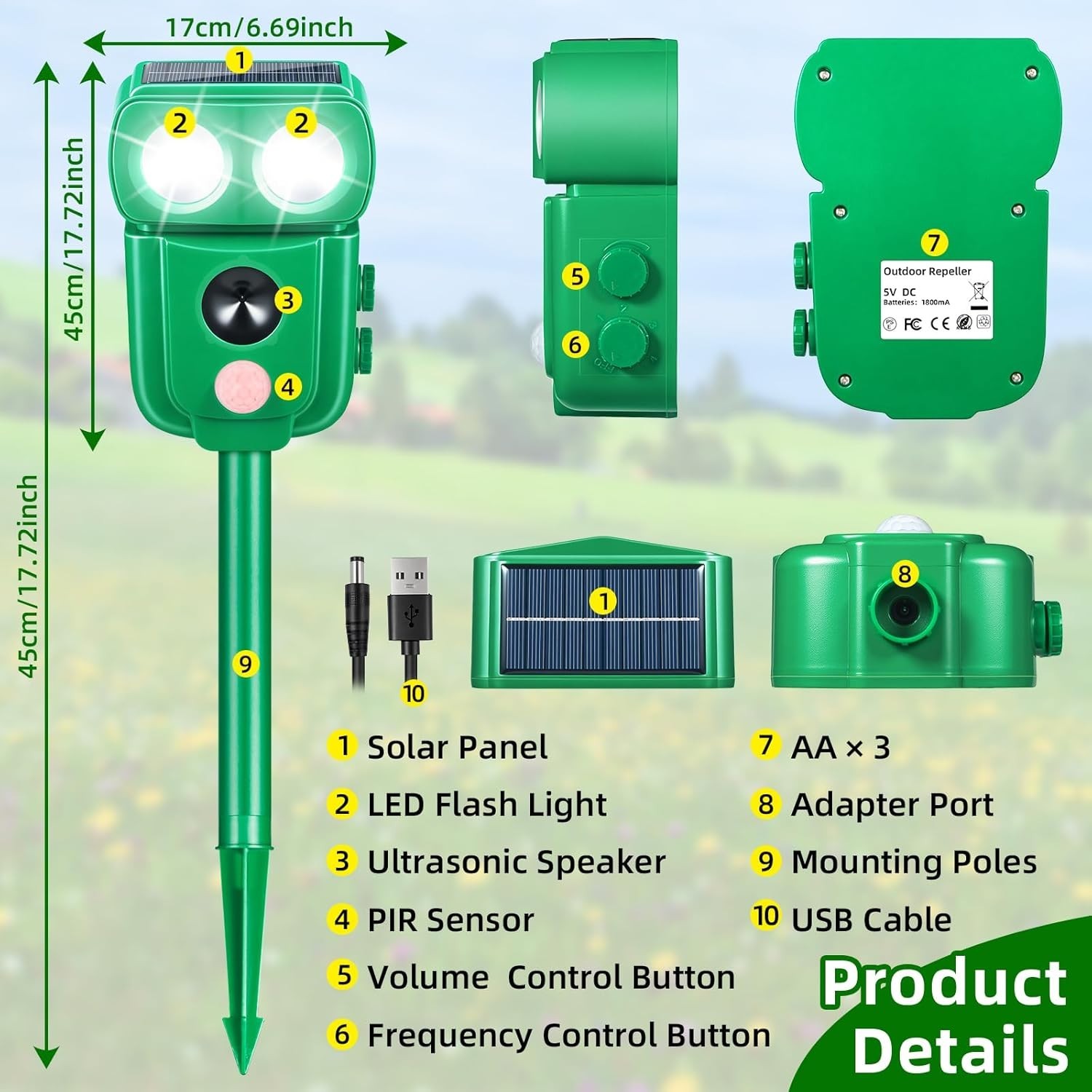 Upgraded Solar Ultrasonic Animal Repellent Dog Cat Skunk Deer Raccoon For Garden