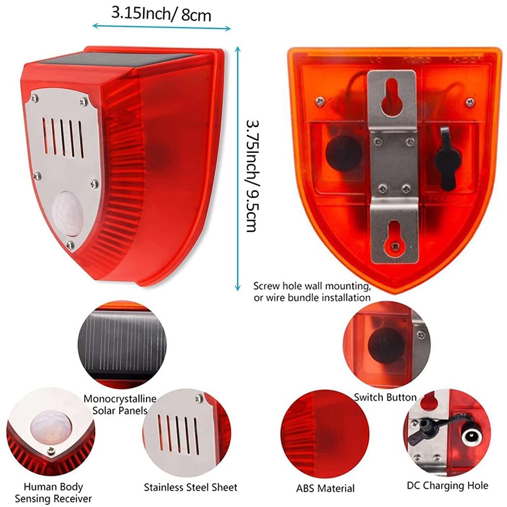 1PCS Solar Motion Sensor Alarm Lamp 129dB Gunshot Sounds & Dog Barking Sound