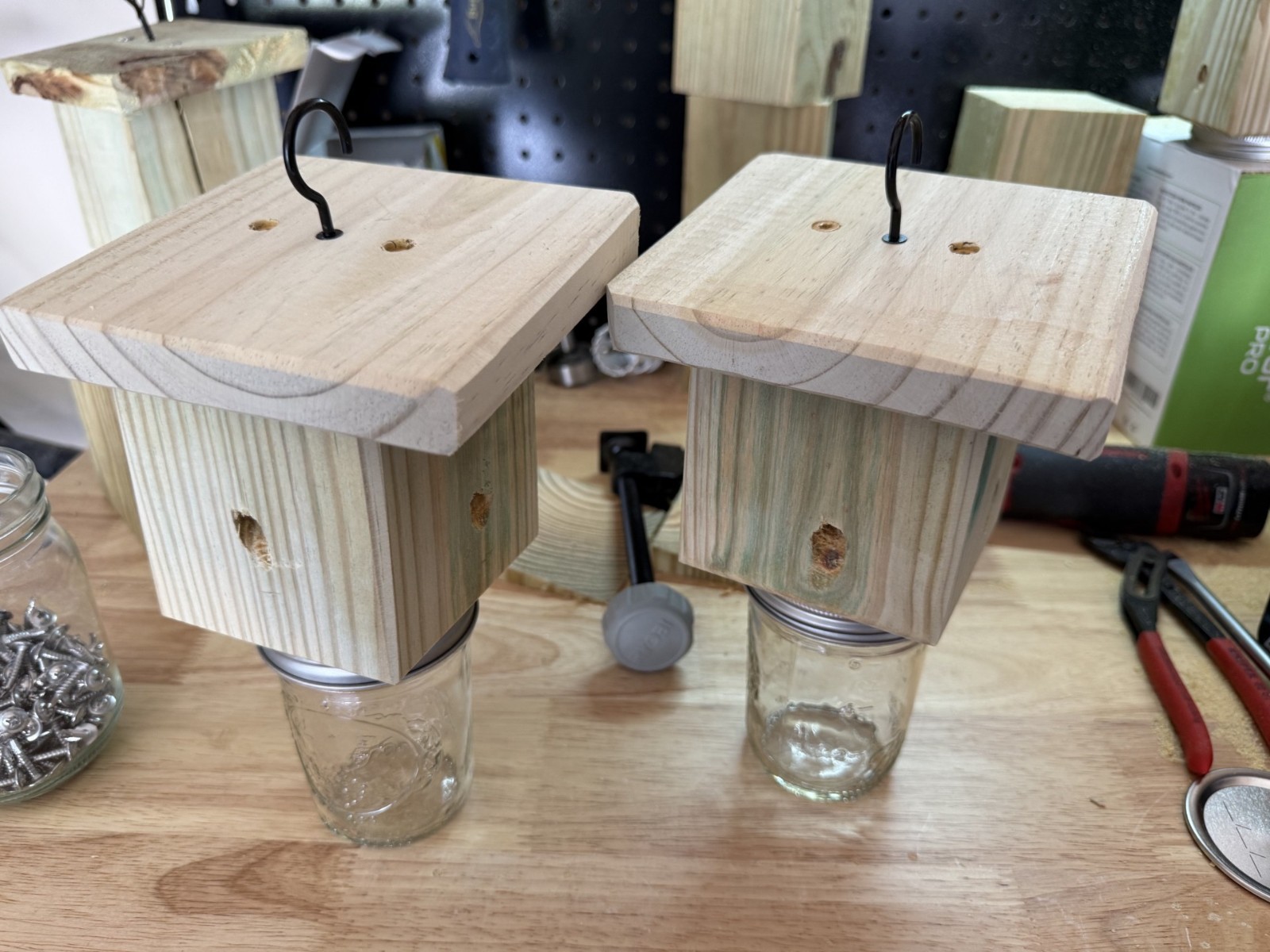 Handmade Set Of 2 Soft Pine Carpenter Bee Traps w/ Jars & Hooks – Works Great!!