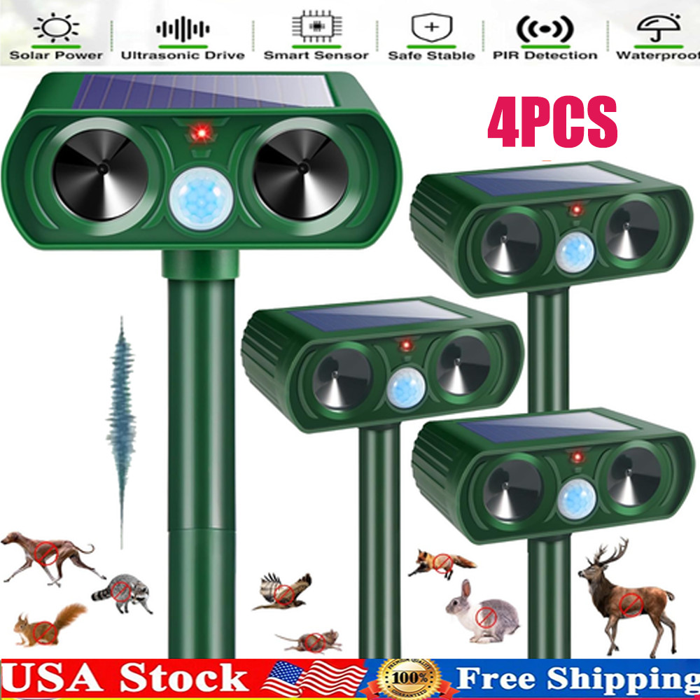 4 Pack Animal Repeller Ultrasonic Solar Power Outdoor Pest Cat Mice Deer Sensor