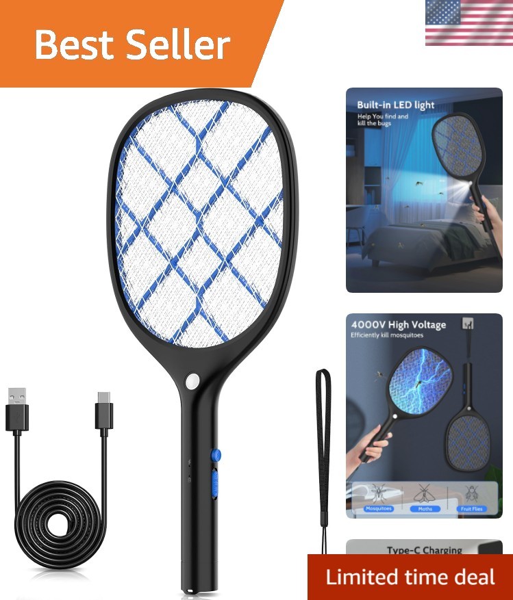 Electric Fly Swatter Bug Zapper Racket 4000V Rechargeable Mosquito Killer wit…