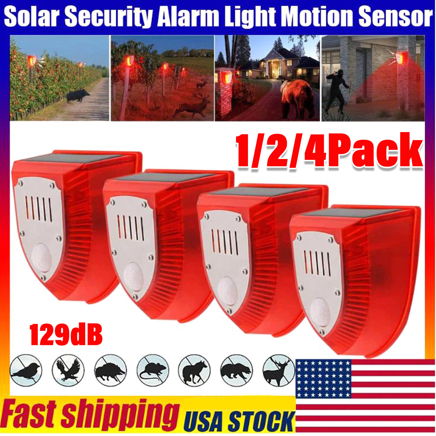 1-4pcs Solar Power Motion Sensor Sound Light Alarm Dog Barking Gunshots Repeller