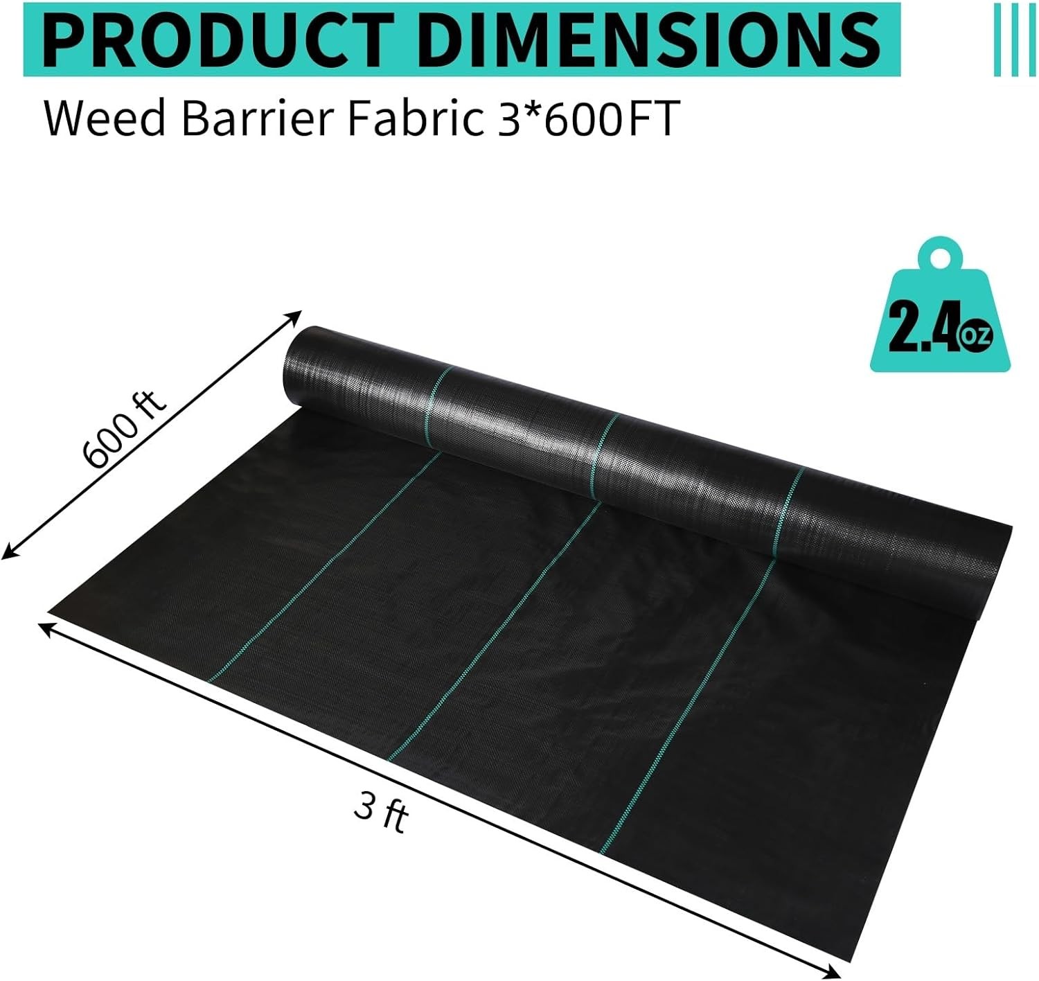 3x600FT/36×7200 IN 2.4oz Weed Barrier Landscape Fabric Ground Cover Weed Control