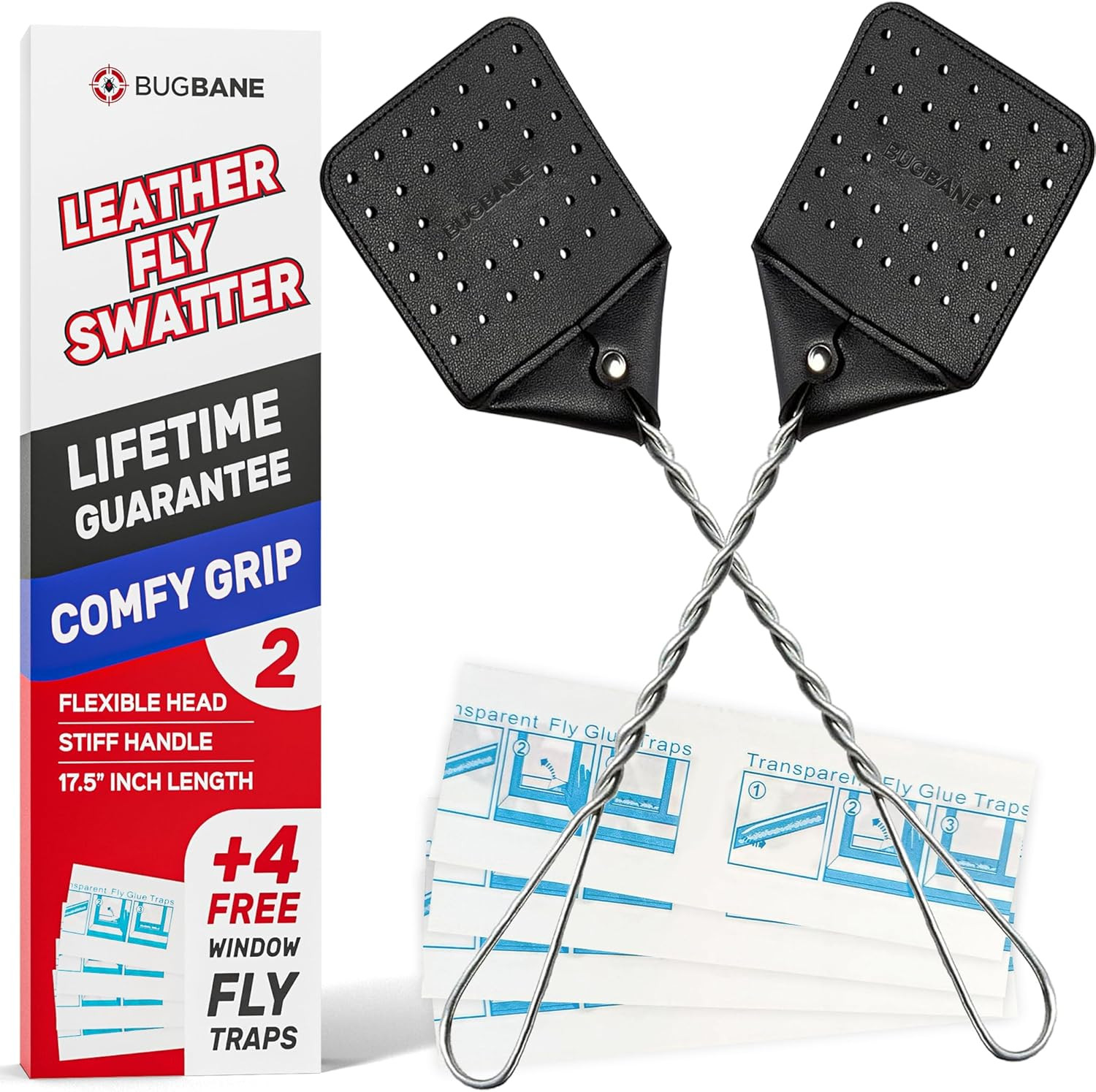 2 Leather Fly Swatter for Indoors. Long Handle, Heavy Duty Fly Swatter Manual Mu